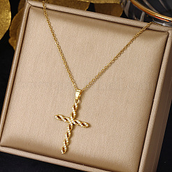 Religion 304 Stainless Steel Micro Pave Clear Cubic Zirconia Twisted Cross Pendant Necklaces for Women&nbsp;WG62B61-01