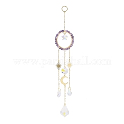 Natural Amethyst Woven Net/Web with Feather Window Hanging Suncatchers&nbsp;HJEW-JM00852-03