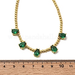 Brass Pave Cubic Zirconia Teardrop Pendant Round Beaded Necklaces&nbsp;NJEW-C121-01G-04