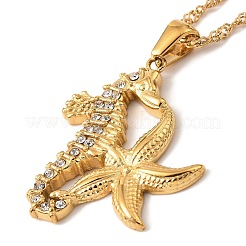 304 Stainless Steel Crystal Rhinestone Seahorse & Starfish Pendant Rope Chain Necklaces for Women&nbsp;STAS-Z101-08G