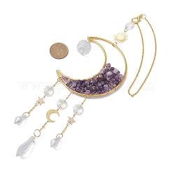Wire Wrapped Natural Amethyst Chip & Brass Moon Pendant Decorations&nbsp;HJEW-JM01504-02