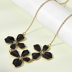 304 Stainless Steel Enamel Black Flower Bib Necklaces for Women&nbsp;NJEW-P352-01G