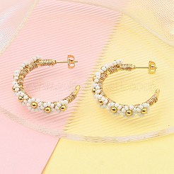 304 Stainless Steel & Bohemian Beaded C-Shaped with Flower Stud Earrings for Women&nbsp;EJEW-R001-03G-02