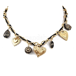304 Stainless Steel Heart & Acrylic Black Flower Pendant Bib Necklaces for Women&nbsp;NJEW-A063-05G
