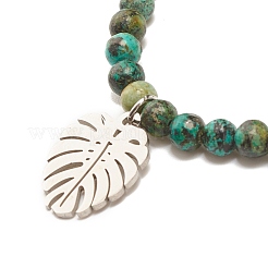 Natural Australian Turquoise(Jasper) Round Beaded Stretch Bracelet with Leaf Charm&nbsp;BJEW-JB07587-02
