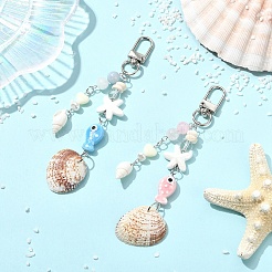 Handmade Porcelain & Natural White Jade & Natural Shell & Glass Pendant Decorations&nbsp;HJEW-YW00516-01