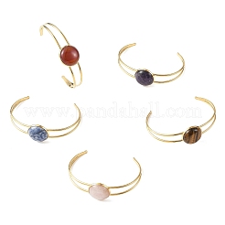 Natural Mixed Stone Flat Round 304 Stainless Steel Cuff Bangles for Women&nbsp;BJEW-JB14352-01