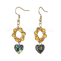 Heart Natural Amber & Abalone Shell/Paua Shell Dangle Earrings&nbsp;EJEW-JE07358-02