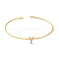 Rack Plating Brass Micro Pave Clear Cubic Zirconia Letter Open Cuff Bangles&nbsp;BJEW-A018-01G-Y