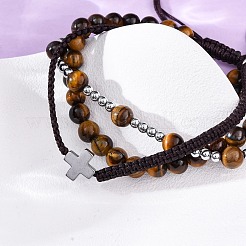 Adjustable Natural Tiger Eye & Hematite Braided Bead Bracelets&nbsp;BJEW-U035-01B