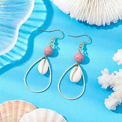 Brass with Natural Cowrie Shell with Natural Rhodochrosite Dangle Earring&nbsp;EJEW-JE06053