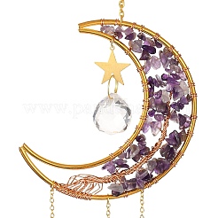 Natural Amethyst Chip & Brass Moon Hanging Suncatcher Pendant Decoration&nbsp;PW23041121729