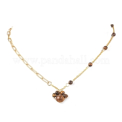 Natural Tiger Eye Paw Print Pendant Brass Paperclip Chain Cable Chain Necklaces for Women&nbsp;NJEW-JN05790
