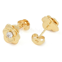 Rack Plating Flower Brass Pave Clear Cubic Zirconia Stud Earrings for Women&nbsp;EJEW-Z059-09G