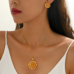 Hollow Vintage Brass Flower Stud Earrings & Pendant Necklaces Sets for Women&nbsp;SA8016