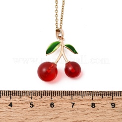 Brass Enamel & Resin Red Cherry Pendant 304 Stainless Steel Cable Chain Necklaces for Women&nbsp;NJEW-H092-01G