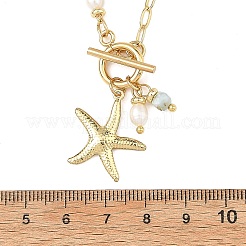 Ocean Brass Starfish Pendant Natural Larimar Beaded Chain Necklaces with OT Clasps&nbsp;NJEW-JN06663