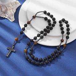 Natural Tiger Eye & Lava Rock & Synthetic Hematite Rosary Bead Necklaces&nbsp;NJEW-JN04461-02