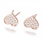 Brass Stud Earring Findings, Cadmium Free & Lead Free, with Cubic Zirconia and Loop, Heart, Clear, Rose Gold, 10x9mm, Hole: 1.2mm, Pin: 0.8mm