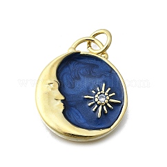 Brass Micro Pave Cubic Zirconia Pendants, Cadmium Free & Lead Free, with Enamel, Flat Round, Real 16K Gold Plated, Prussian Blue, Moon & Star, 23x19.5x3mm