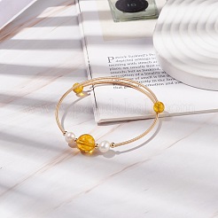 Natural Citrine(Dyed & Heated) & Quartz Crystal(Dyed & Heated) & Pearl Round Beaded Bangle&nbsp;BJEW-JB08464-06