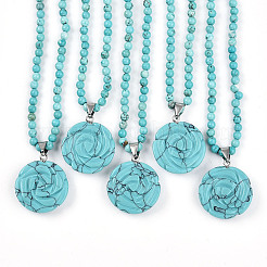 Synthetic Turquoise 4.5mm Round Beaded Flower Pendant Necklaces&nbsp;NJEW-T016-04G