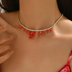 Elegant Brass Pave Clear Cubic Zirconia Tennis Chain 5 Bowknot Pendant Bib Necklaces for Women&nbsp;JW2692