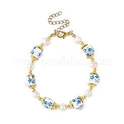 Flower Printed Handmade Porcelain Cube & Natural Pearl Beaded Necklaces&nbsp;BJEW-JB14176