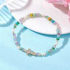 Brass Micro Pave Clear Cubic Zirconia Cross & Natural Pearl & White Jade Rondelle Beads Stretch Bracelets for Women&nbsp;BJEW-JB13114