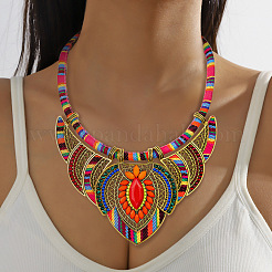 Bohemian Style Colorful Flower Alloy Coral Rhinestone & Polyester Cord Pendant Bib Necklaces for Women&nbsp;FS-WG73F41-01