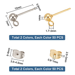 100Pcs 2 Color 304 Stainless Steel Ball Stud Earring Post&nbsp;STAS-PH0005-21