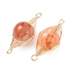 Natural Ferruginous Quartz Round Links Connector Charms with Copper Herringbone Wire-Wrapped&nbsp;KK-Z152-05G-01A