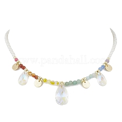 Glass Teardrop & Brass Disc Pendant Necklaces&nbsp;NJEW-JN05191