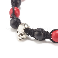 Round Synthetic Turquoise(Dyed) Braided Bead Bracelet with Alloy Skull&nbsp;BJEW-JB07863-02
