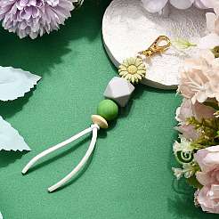 Sunflower Silicone & Natural Wood Beads Pendant Decorations&nbsp;HJEW-JM03080