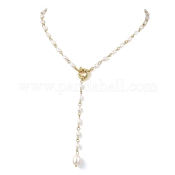 Adjustable 304 Stainless Steel Natural Pearl Rice Link Chain Lariat Y Tassel Necklaces for Women&nbsp;NJEW-JN06148
