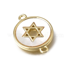 Natural White Shell Brass Flat Round Links Connector Charms&nbsp;KK-C262-03A-02G