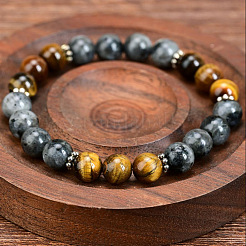 8MM Natural Tiger Eye and Larvikite Round Stretch Bracelets for Unisex&nbsp;WG7E450-01