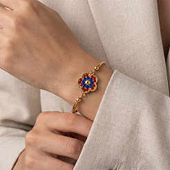 304 Stainless Steel Capri Blue and Ruby Rhinestone Flower Link Bracelets for Women&nbsp;WGB5E03-01