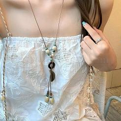 Chinese Style Porcelain & Alloy & Wood Leaf Pendant Adjustable Waxed Cord Long Necklaces for Women&nbsp;WG8DC5B-01