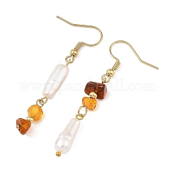 Natural Amber & Natural Baroque Keshi Pearl Bamboo & Chip Shape Dangle Earrings for Women&nbsp;EJEW-JE07533