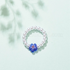 Plastic Imitation Pearl & Millefiori Glass Beaded Finger Ring for Women&nbsp;RJEW-JR00484