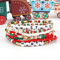 9Pcs Christmas Acrylic & Polymer Clay & Glass Beads Stretch Bracelets&nbsp;QX4351-7