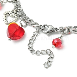 Tibetan Style Alloy & Glass Heart Charm Bracelet with 304 Stainless Steel Curb Chains for Valentine's Day&nbsp;BJEW-TA00311