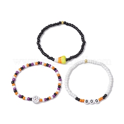 3Pcs 3 Styles Halloween Handmade Lampwork & Glass Seed Beaded Stretch Bracelet Sets&nbsp;BJEW-JB10460