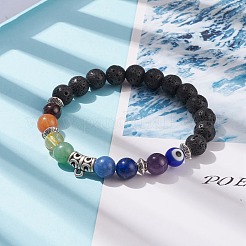 Natural Lava Rock & Mixed Stone & Alloy Tube Stretch Bracelet with Lampwork Evil Eye&nbsp;BJEW-JB08320-01