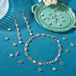 28Pcs 7 Colors Brass Pave Cubic Zirconia Heart Links Connector Charms&nbsp;KK-TA0003-47