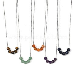 Natural Mixed Stone Round Beads Pendant 304 Stainless Steel Boston Link Chain Necklaces&nbsp;NJEW-JN06550