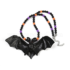 Halloween Acrylic Bat Pendant Plastic Round Beaded Necklaces&nbsp;NJEW-H083-01