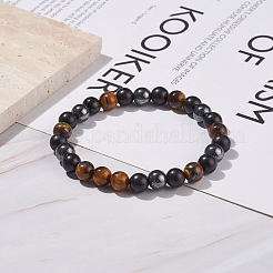 Natural Wood & Tiger Eye & Synthetic Hematite Round Beaded Stretch Bracelet&nbsp;BJEW-JB08150